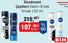 NİVEA DEODORANT ÇEŞİTLERİ KADIN/ERKEK 150 ML fiyat ve kampanya bilgisi